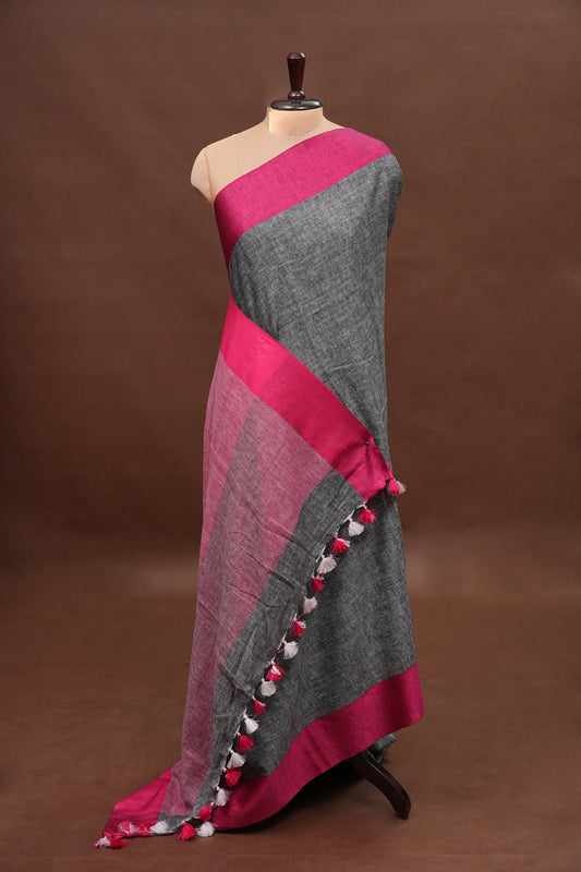 Pure Linen Saree with Tassles - Grey & Pink