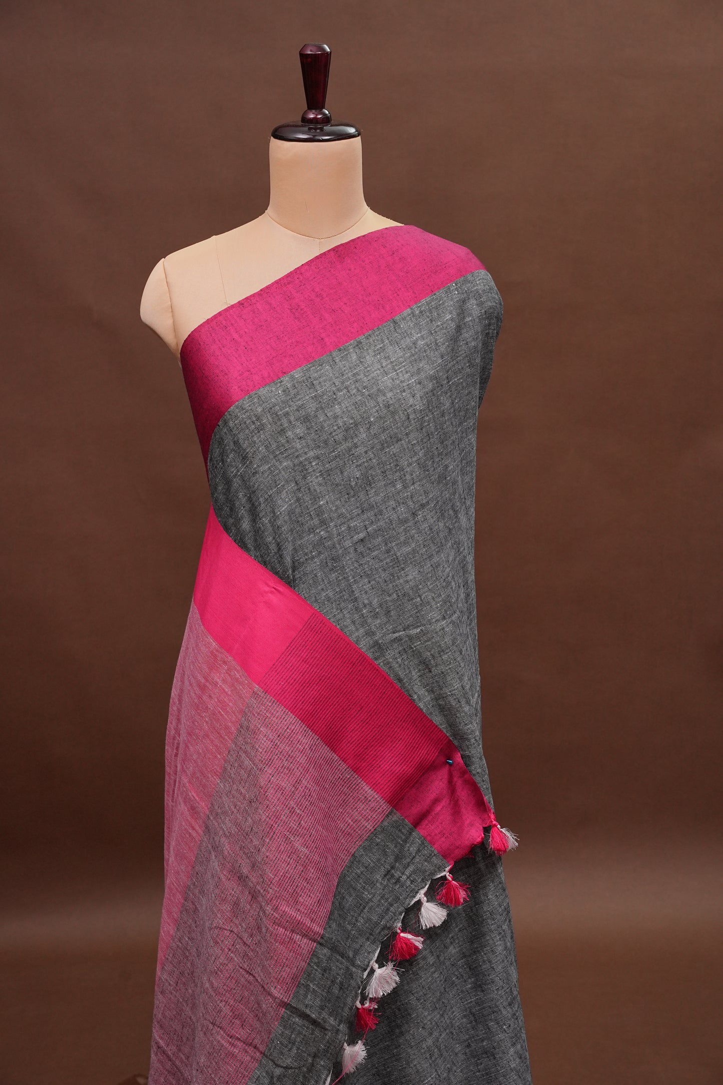 Pure Linen Saree with Tassles - Grey & Pink