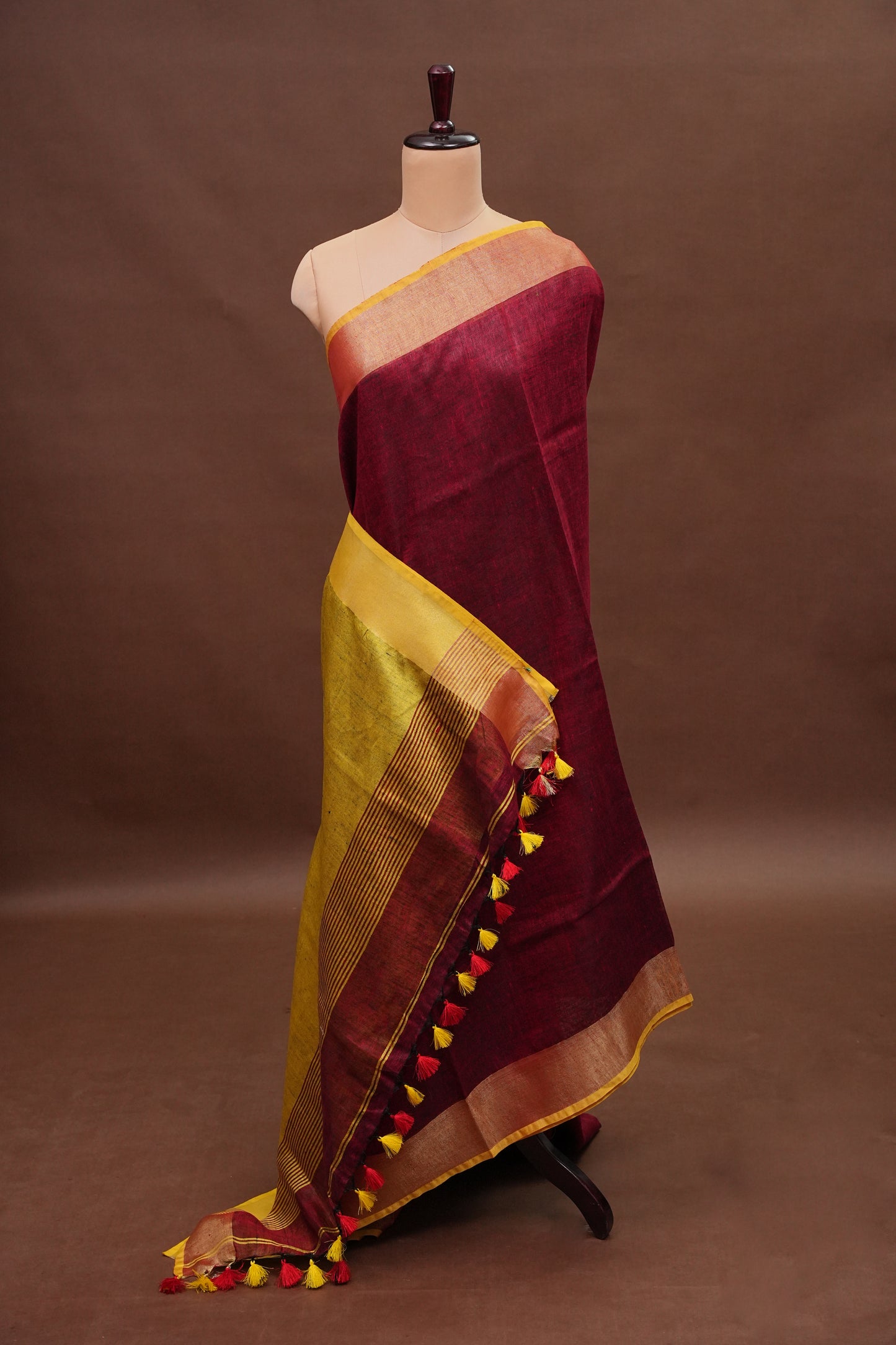 Pure Linen Saree with Tassles - Maroon & Mustard Yellow