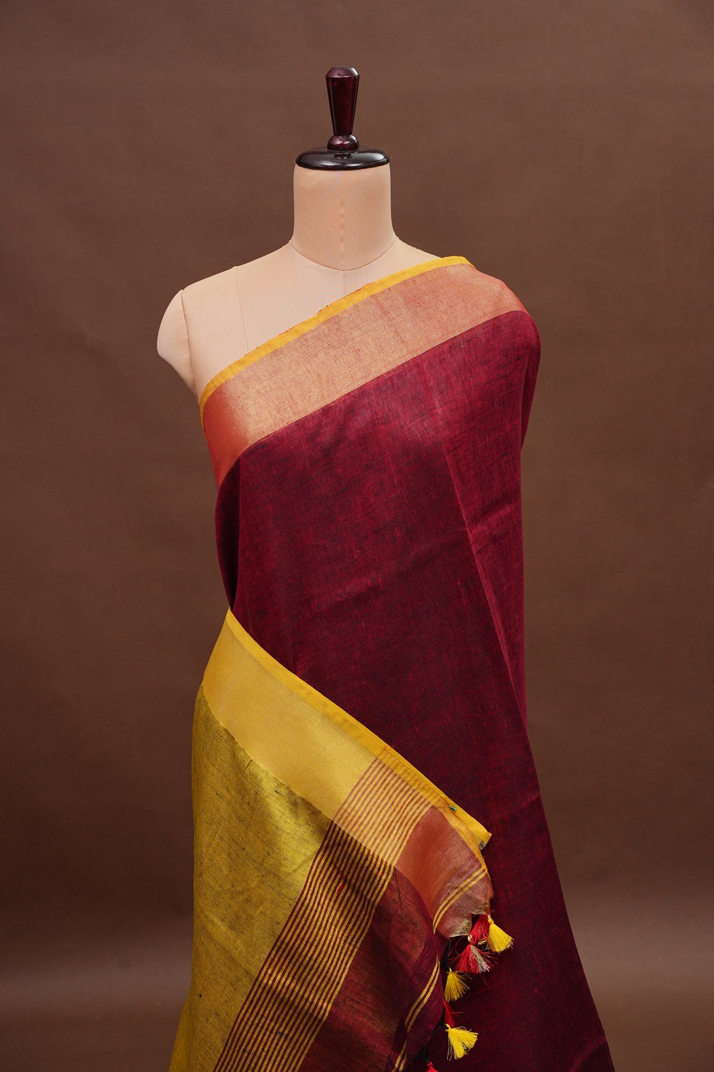 Pure Linen Saree with Tassles - Maroon & Mustard Yellow