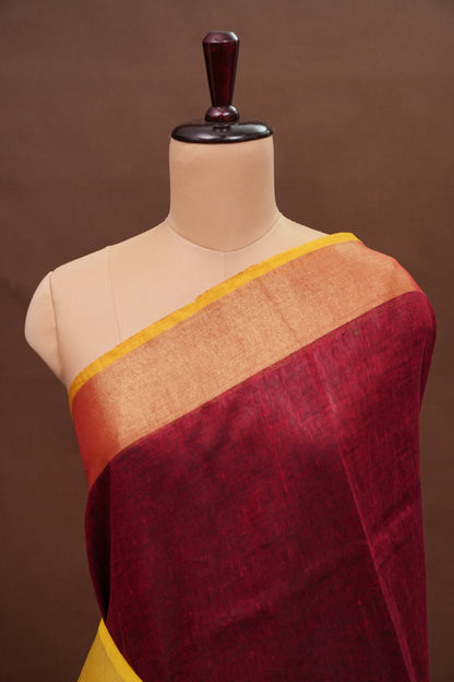 Pure Linen Saree with Tassles - Maroon & Mustard Yellow