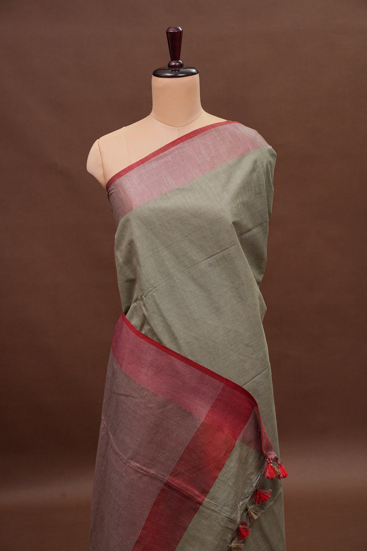 Pure Linen Saree with Tassles - Muted Olive Green & Olive