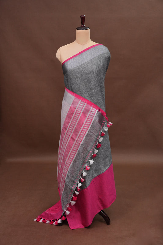 Pure Linen Saree with Tassles - Grey & Pink