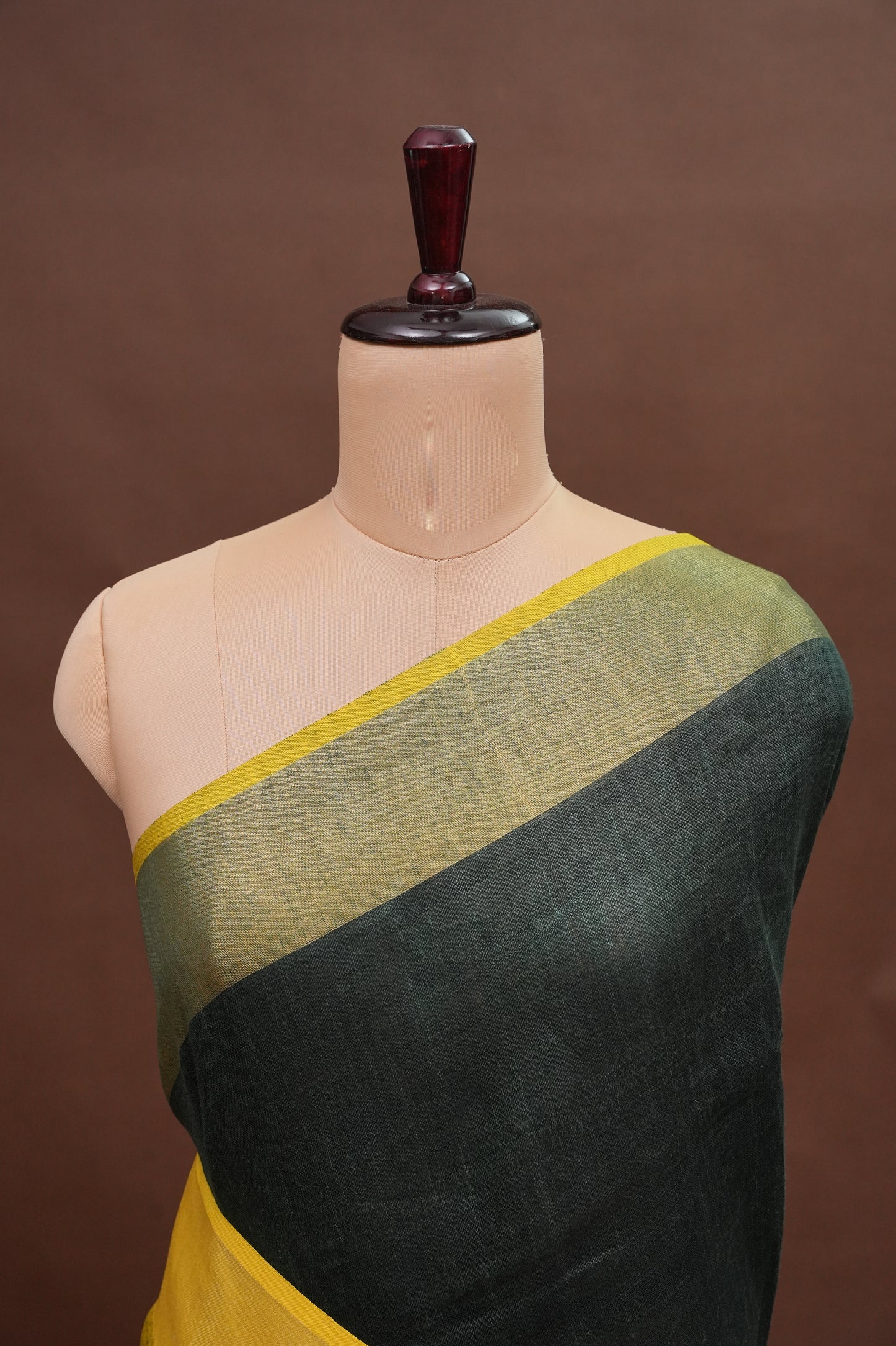Half & Half Pure Linen Saree with Tassles - Bottle Green & Rich Mustard Yellow