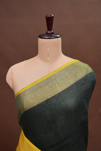 Half & Half Pure Linen Saree with Tassles - Bottle Green & Rich Mustard Yellow