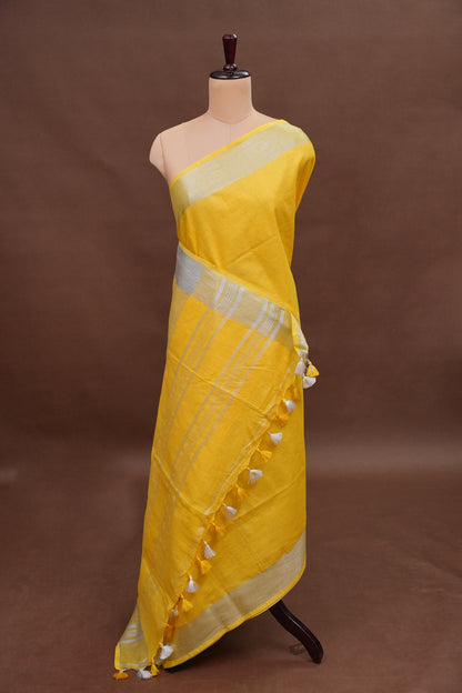 Pure Linen Saree with Tassles - Yellow