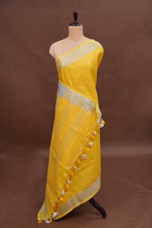 Pure Linen Saree with Tassles - Yellow