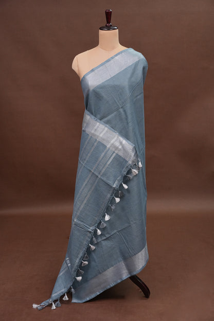 Pure Linen Saree with Tassles - Grey