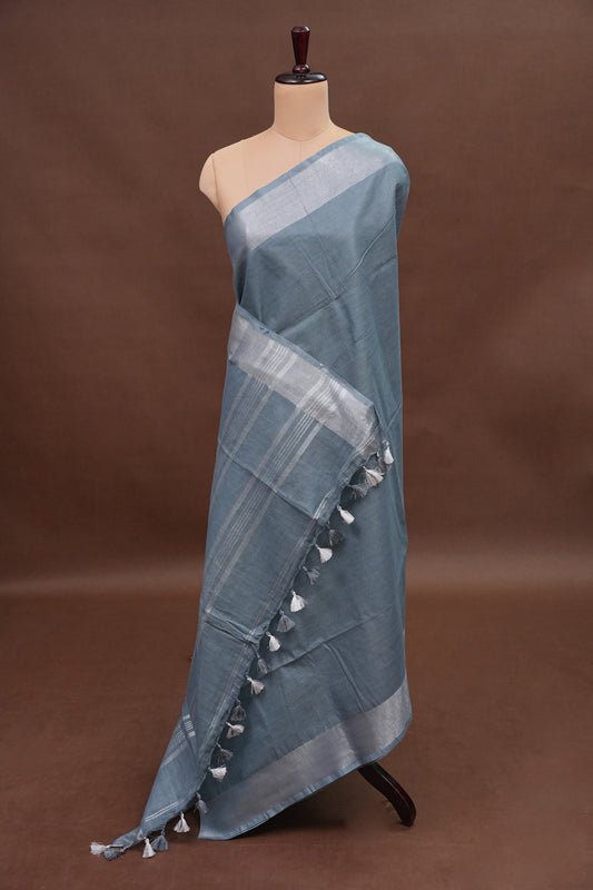 Pure Linen Saree with Tassles - Grey