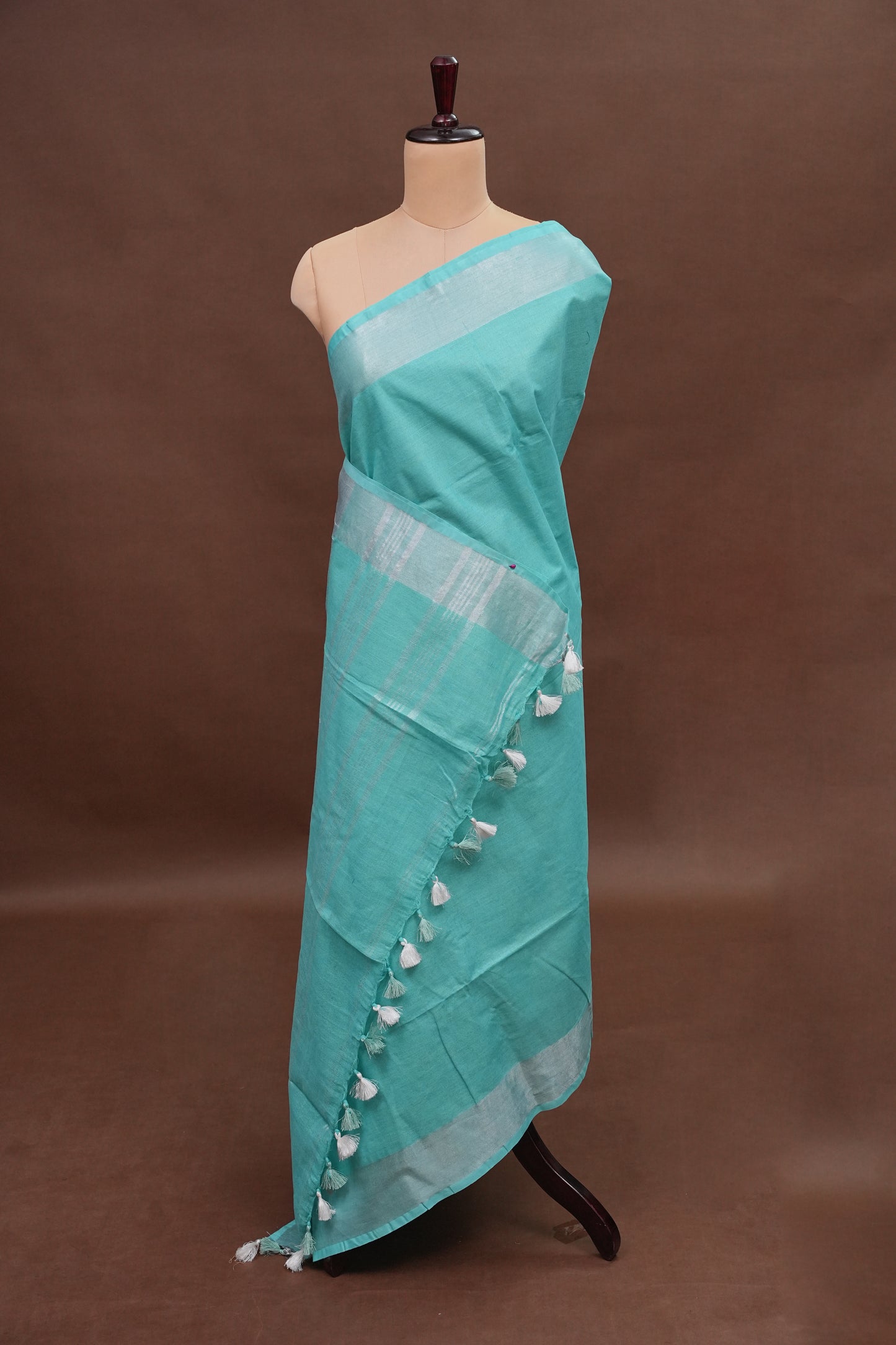 Pure Linen Saree with Tassles - Turquoise