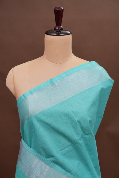 Pure Linen Saree with Tassles - Turquoise