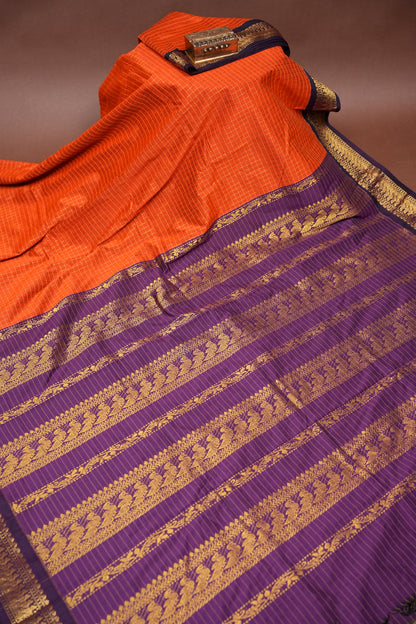 Checkered Kalyani Cotton Silk Saree - Orange