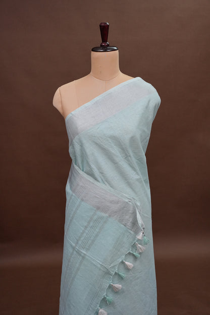 Pure Linen Saree with Tassles - Ice Blue