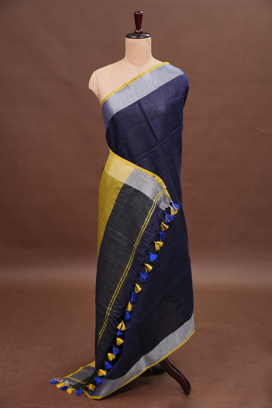 Pure Linen Saree with Tassles - Navy Blue & Mustard Yellow