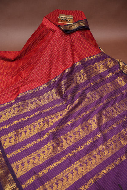 Checkered Kalyani Cotton Silk Saree - Red