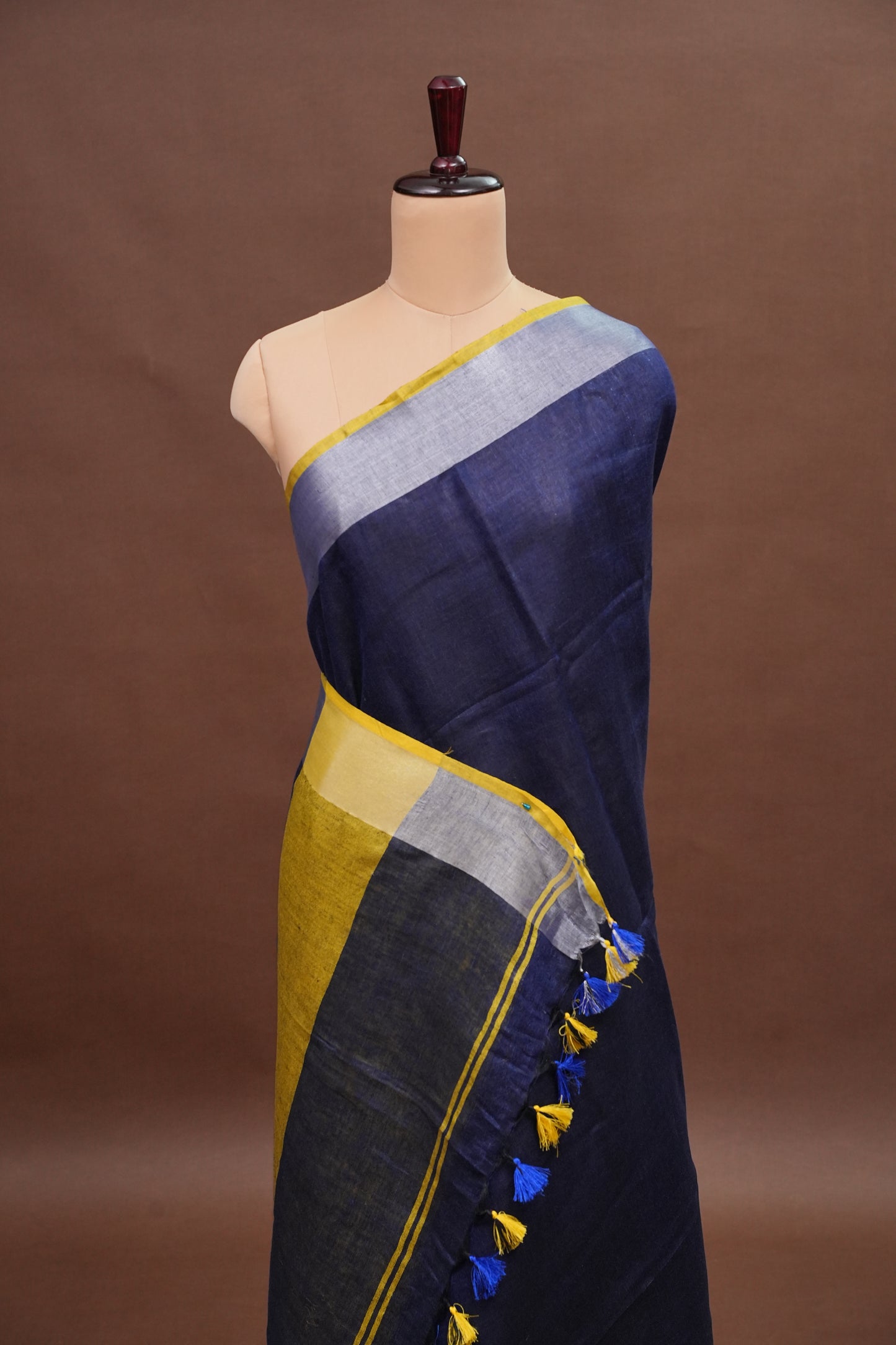 Pure Linen Saree with Tassles - Navy Blue & Mustard Yellow