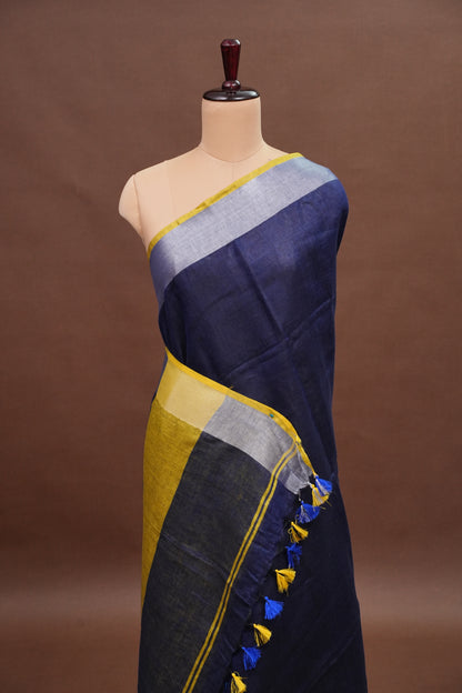 Pure Linen Saree with Tassles - Navy Blue & Mustard Yellow