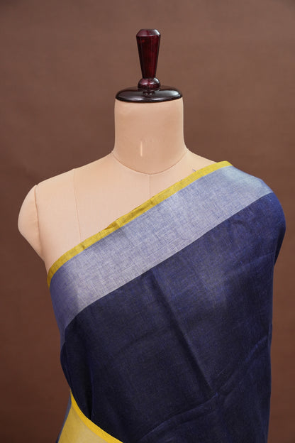 Pure Linen Saree with Tassles - Navy Blue & Mustard Yellow