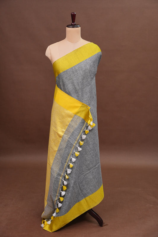 Pure Linen Saree with Tassles - Grey & Yellow