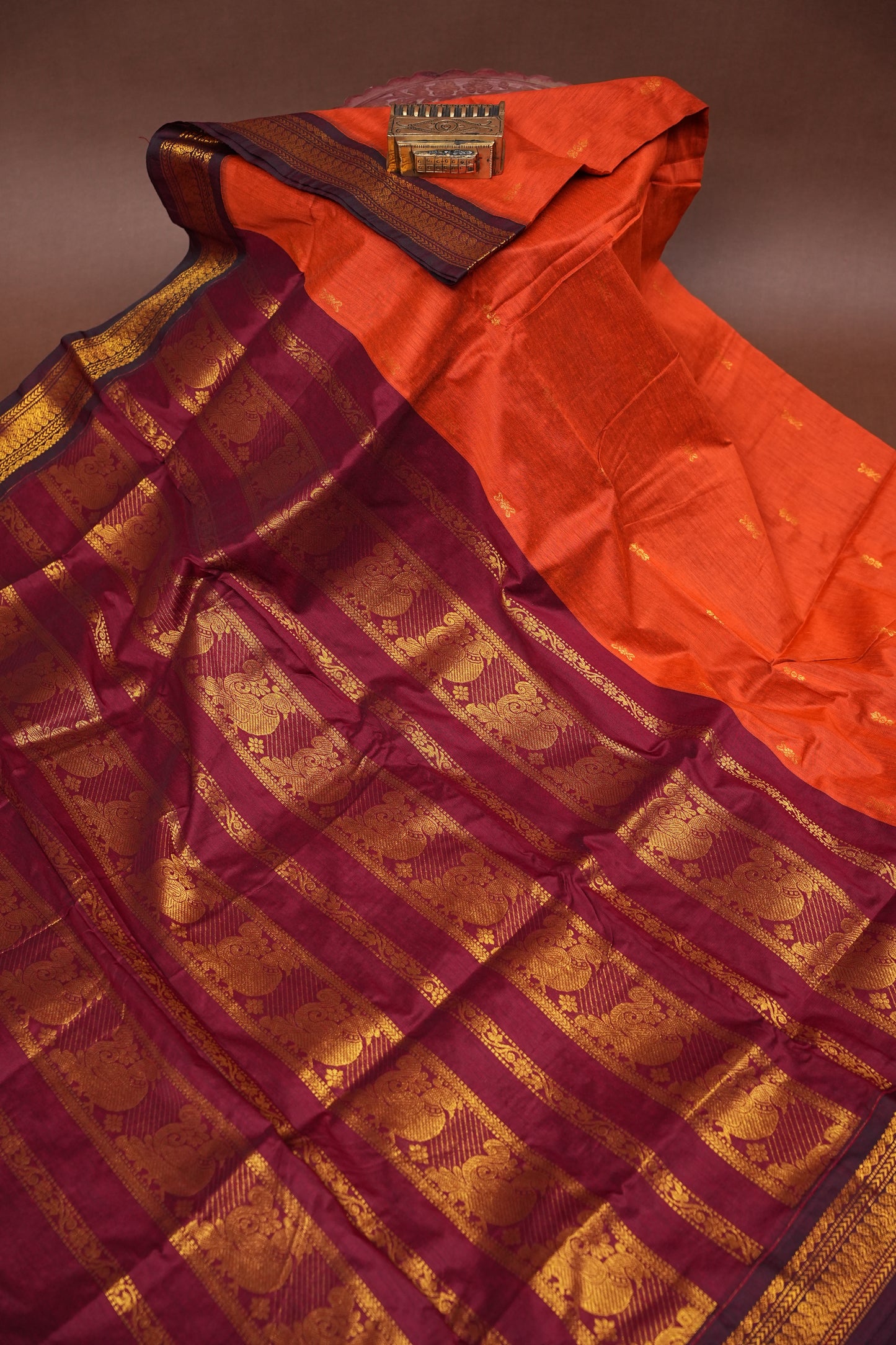 Kalyani Cotton Silk Saree - Orange & Maroon