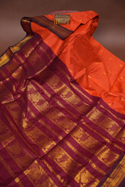 Kalyani Cotton Silk Saree - Orange & Maroon
