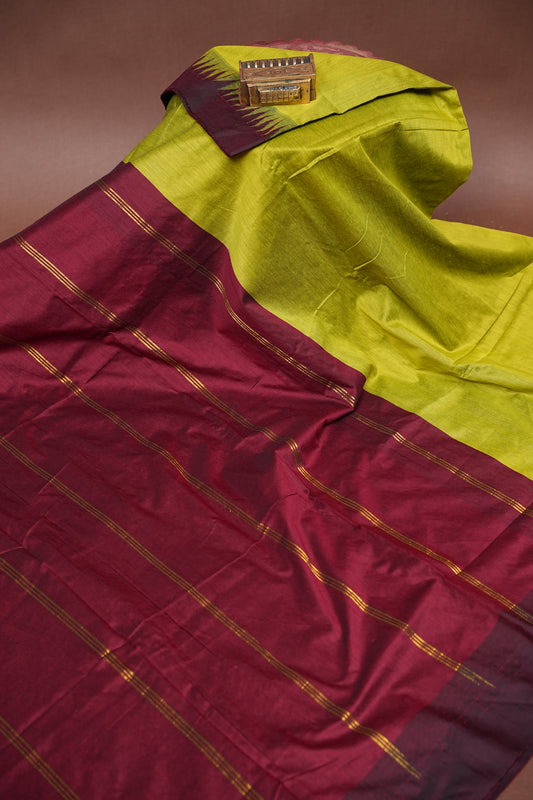 Temple Border Silk Cotton Saree - Green and Maroon