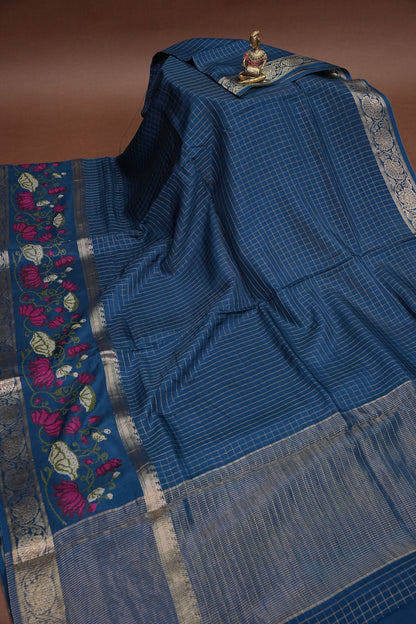 Crepe Silk Saree with Embroidered Border - Peacock Blue