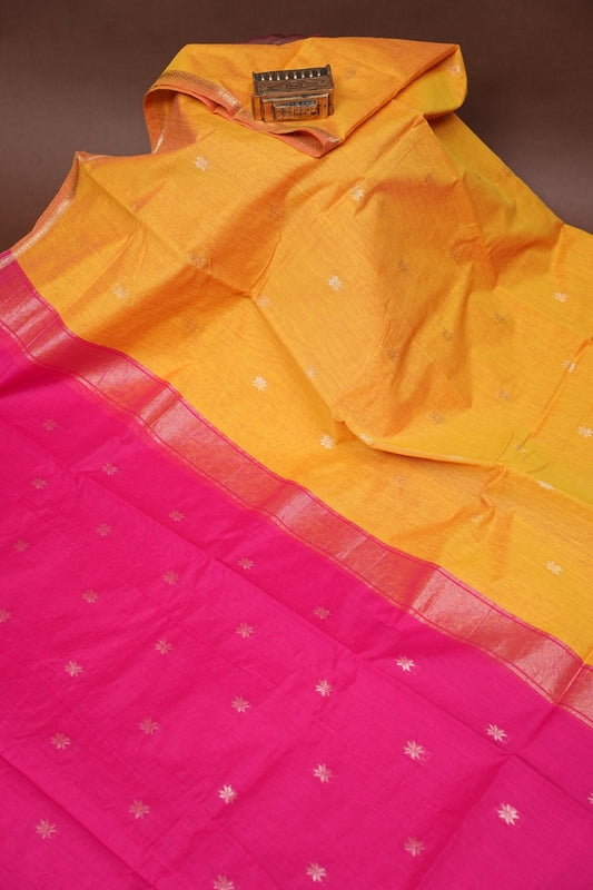 Maheshwari Silk Cotton Saree - Yellow and Pink