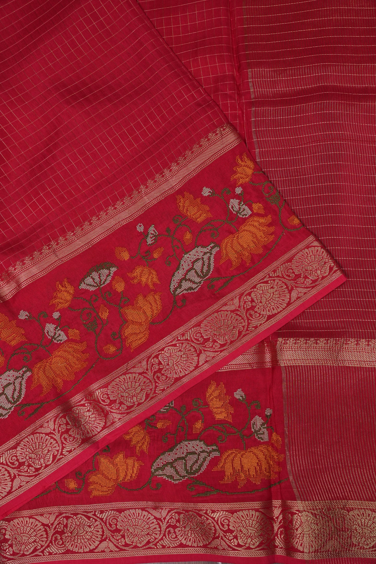 Crepe Silk Saree with Embroidered Border - Red