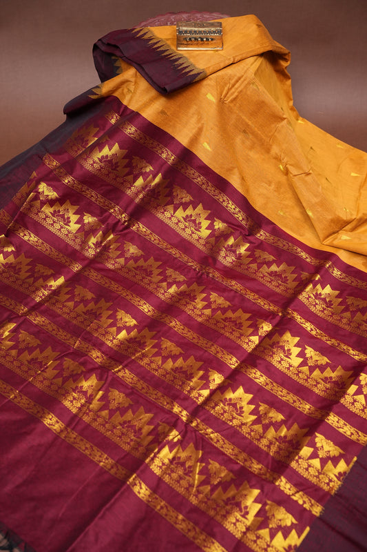 Temple Border Silk Cotton Saree - Mustard and Maroon