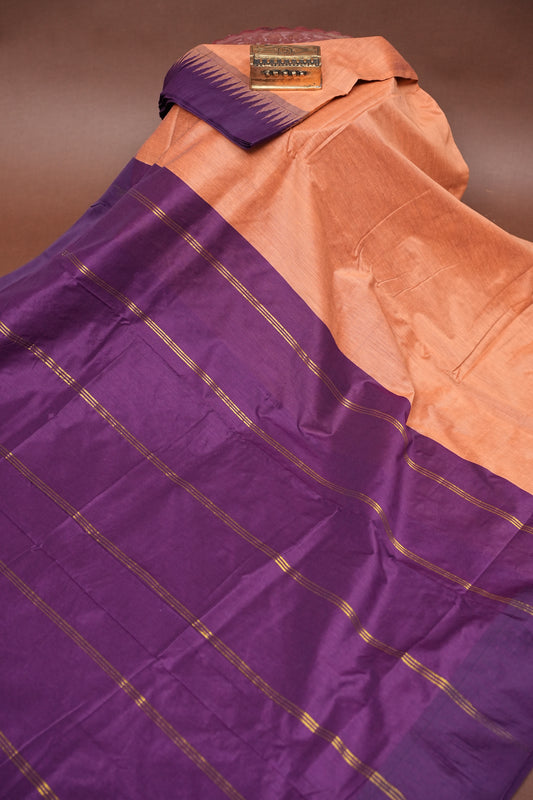 Temple Border Silk Cotton Saree - Peach and Purple
