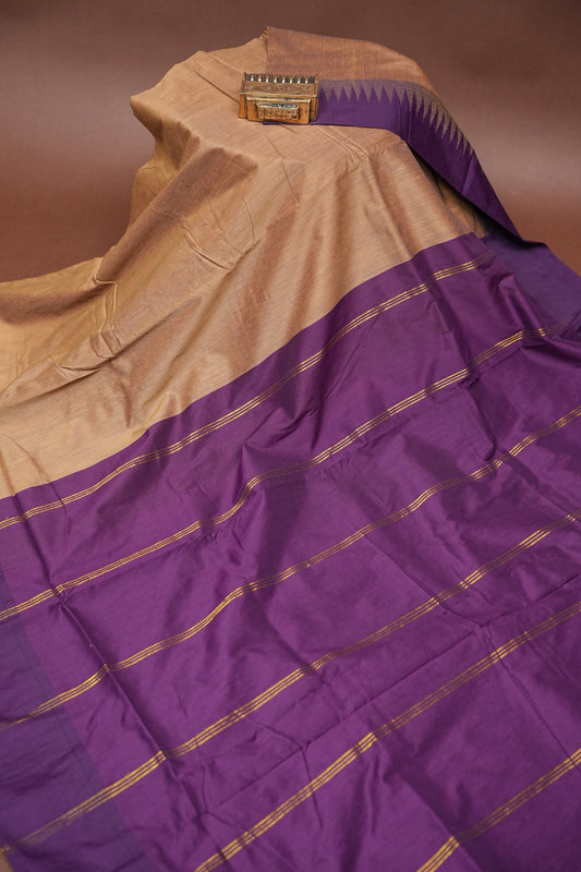 Temple Border Silk Cotton Saree - Peach and Purple