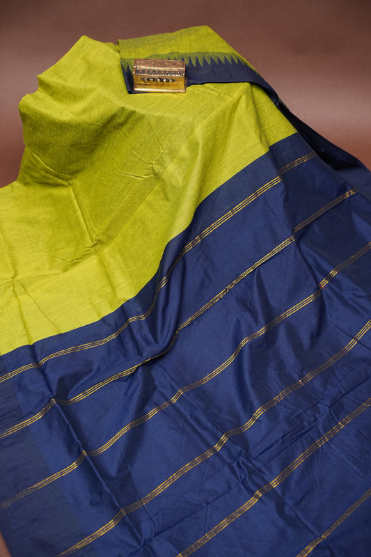 Temple Border Silk Cotton Saree - Green and Blue