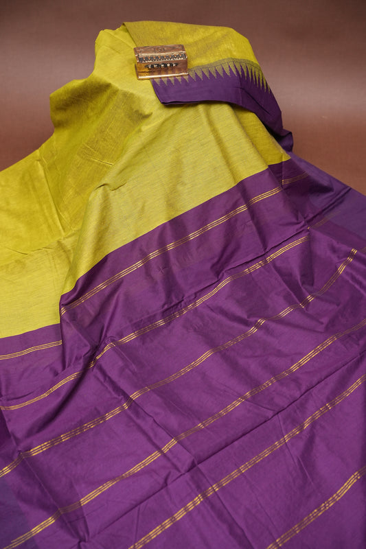 Temple Border Silk Cotton Saree - Green and Purple