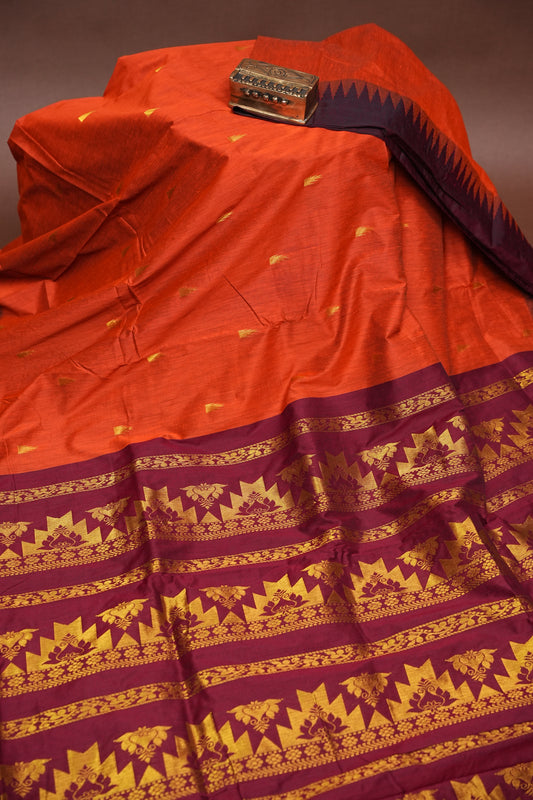 Temple Border Silk Cotton Saree - Orange and Maroon