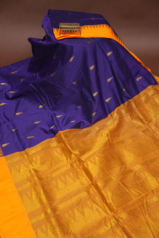 Temple Border Silk Cotton Saree - Royal Blue and Yellow