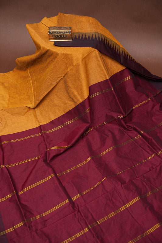 Temple Border Silk Cotton Saree - Mustard Yellow and Maroon