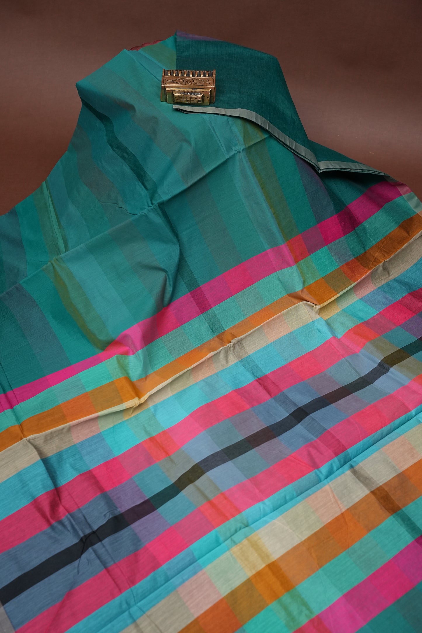 Checkered Cotton Saree - Turquoise Blue