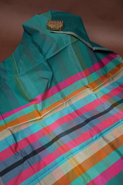 Checkered Cotton Saree - Turquoise Blue