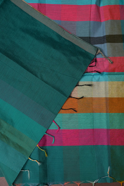 Checkered Cotton Saree - Turquoise Blue