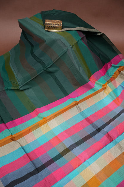 Checkered Cotton Saree - Bottle Green