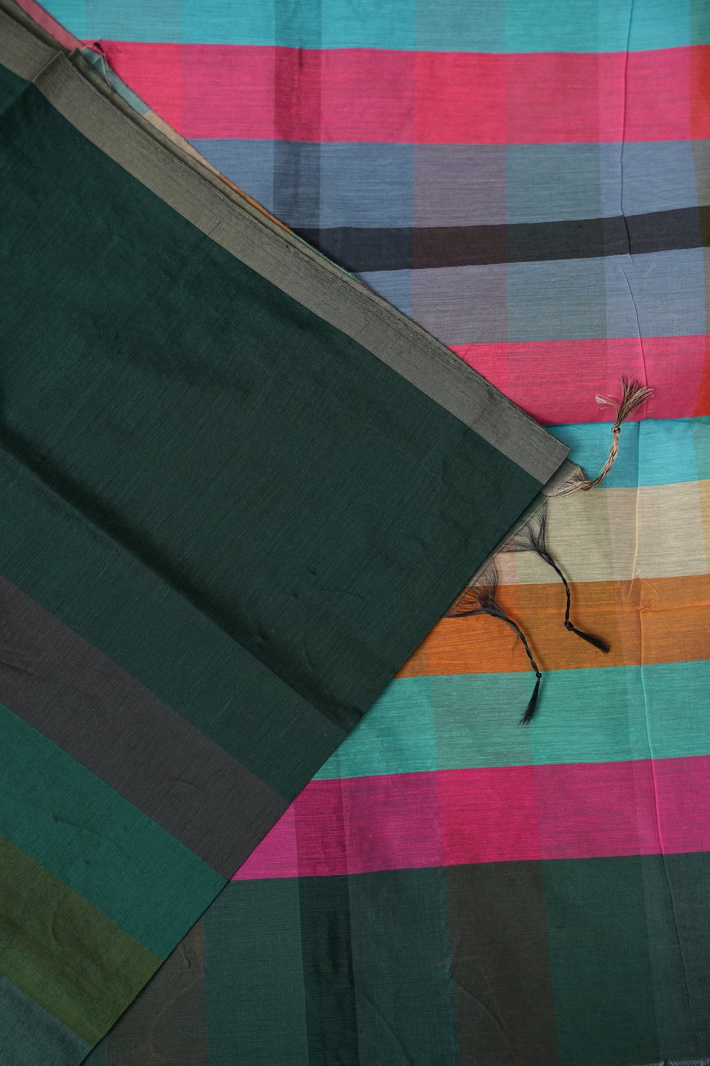 Checkered Cotton Saree - Bottle Green