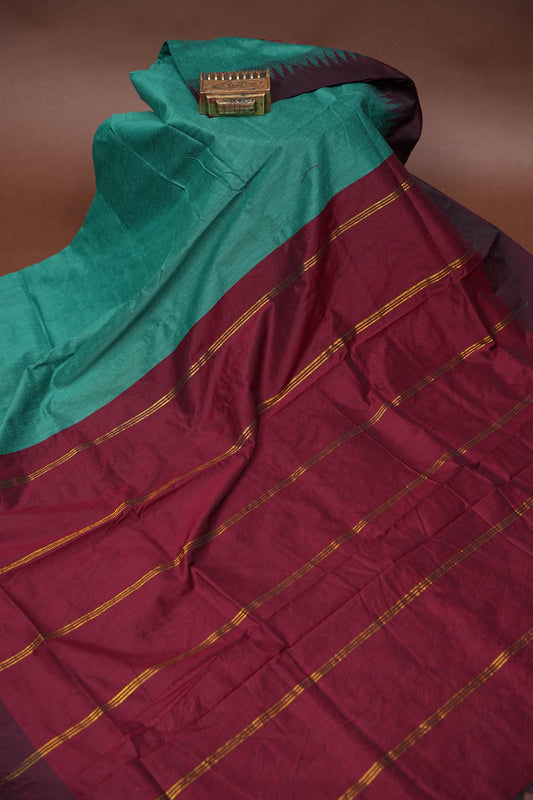 Temple Border Silk Cotton Saree - Rama Green and Maroon