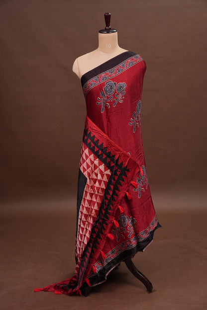 Pure Modal Silk Saree With Block Prints – Deep Red