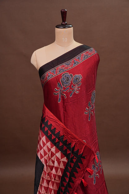 Pure Modal Silk Saree With Block Prints – Deep Red