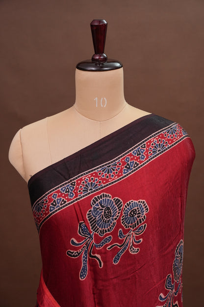 Pure Modal Silk Saree With Block Prints – Deep Red