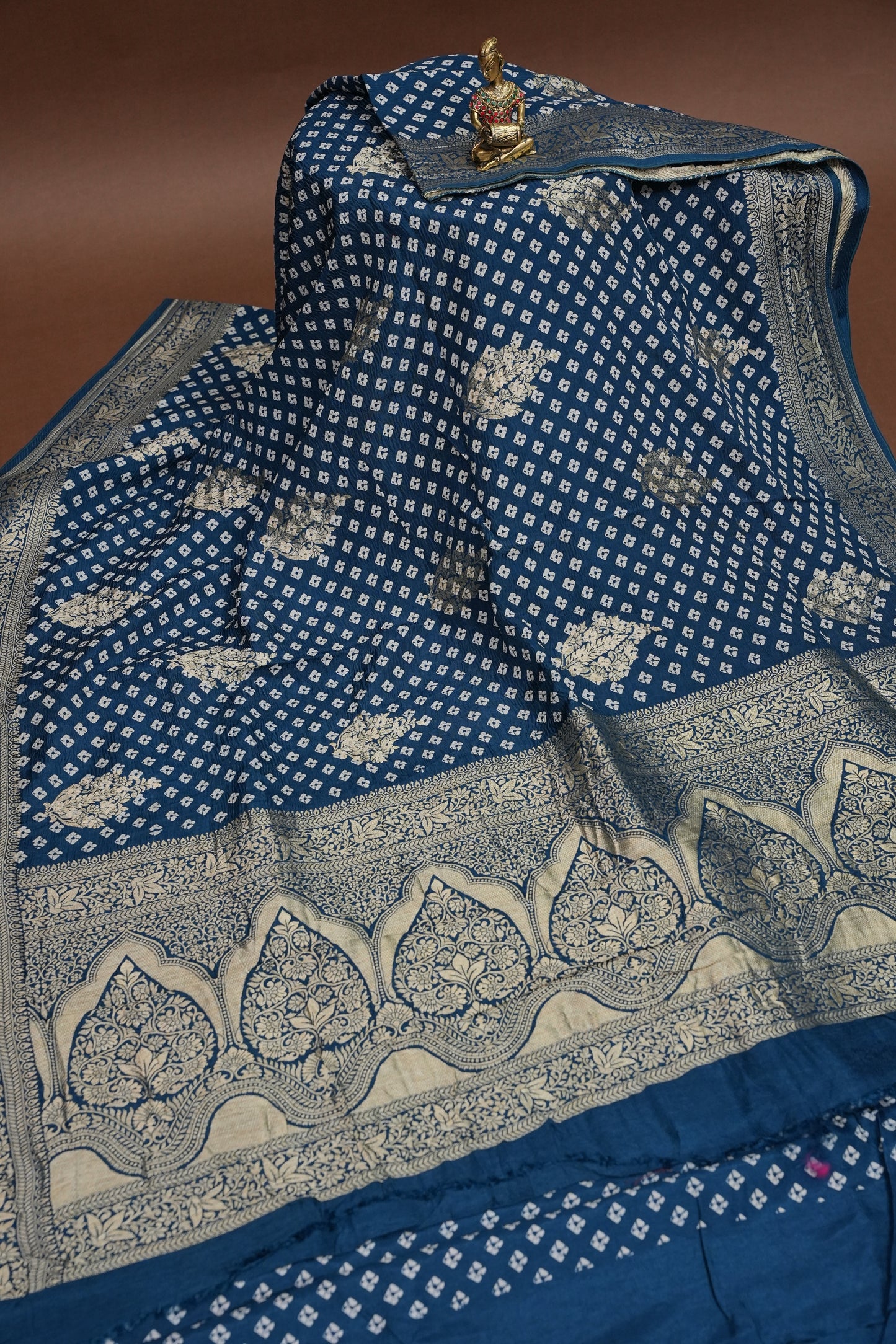 Crushed Munga Banarasi Saree with Bandhini Prints-Peacock Blue