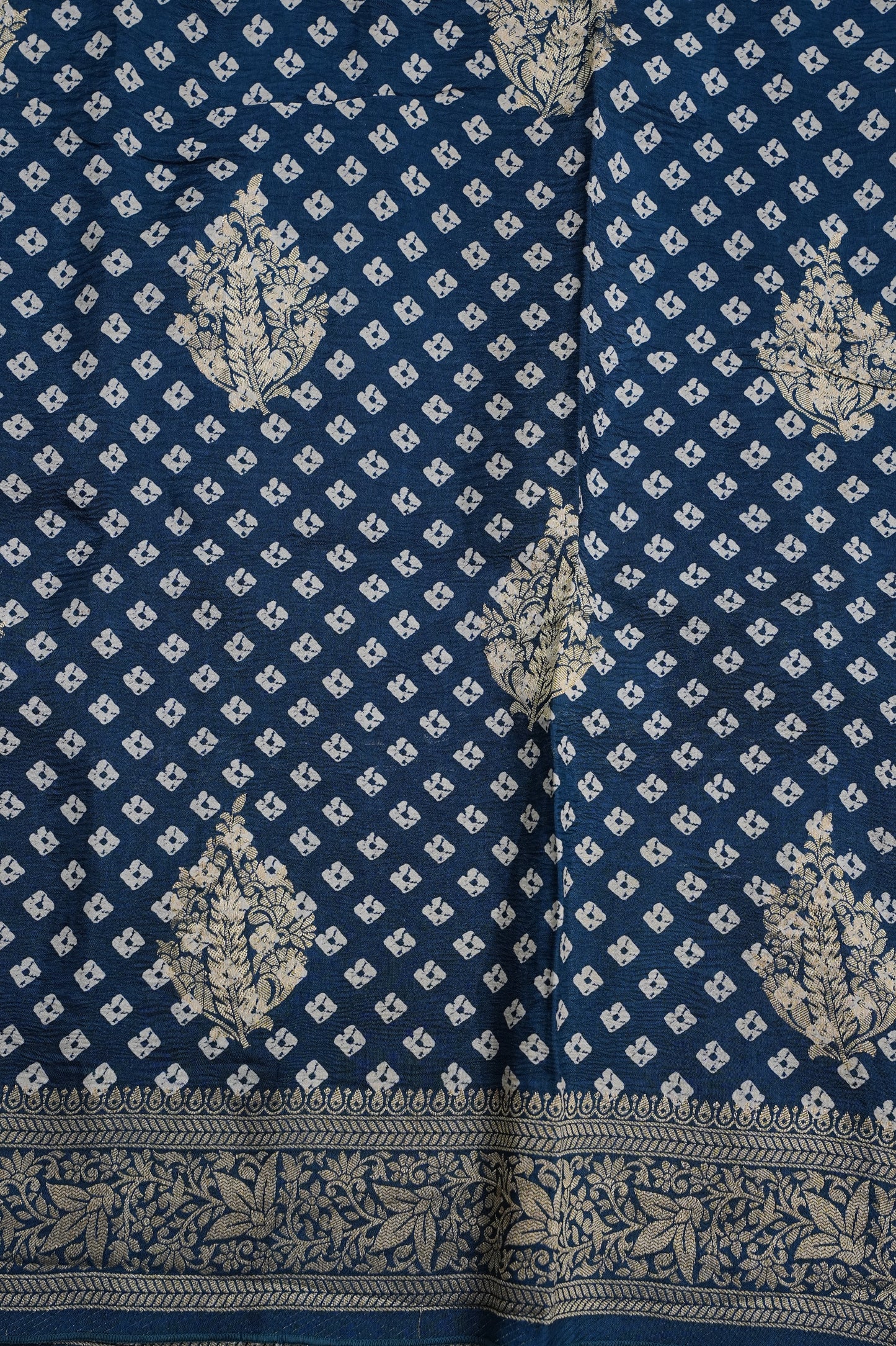 Crushed Munga Banarasi Saree with Bandhini Prints-Peacock Blue