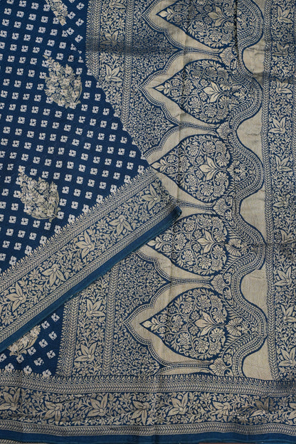Crushed Munga Banarasi Saree with Bandhini Prints-Peacock Blue