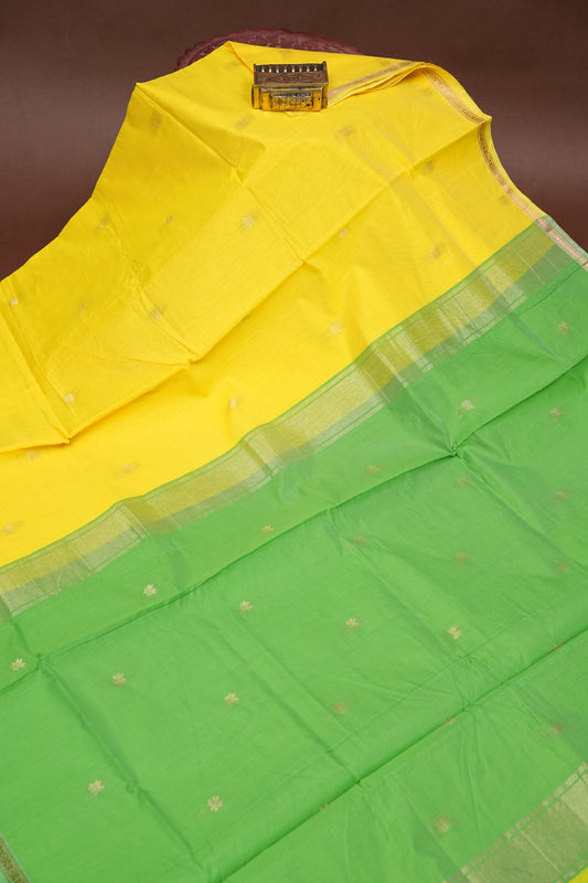 Maheshwari Silk Cotton Saree - Lemon Yellow and Green